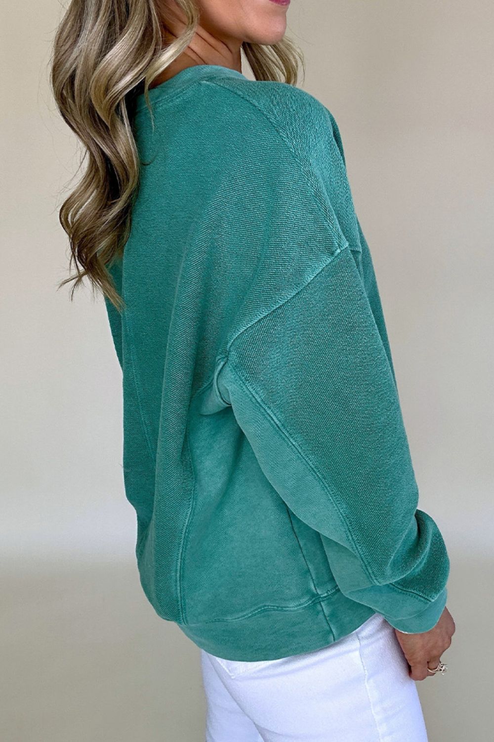 Notched Drop Shoulder Long Sleeve Sweatshirt OutfitFlow