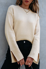 Outfit Flow - Slit Cuff Round Neck Long Sleeve Sweater