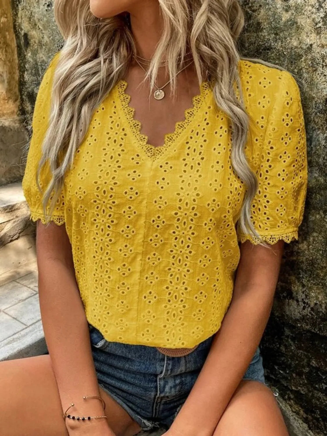 Full Size Lace Detail Eyelet V-Neck Short Sleeve Blouse Plus Size OutfitFlow