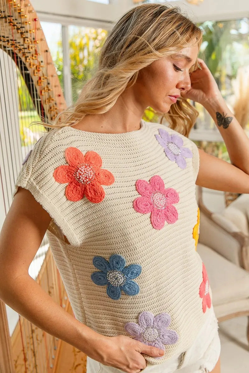 BiBi Multi Jeweled Crochet Flower Patch Sweater Vest OutfitFlow