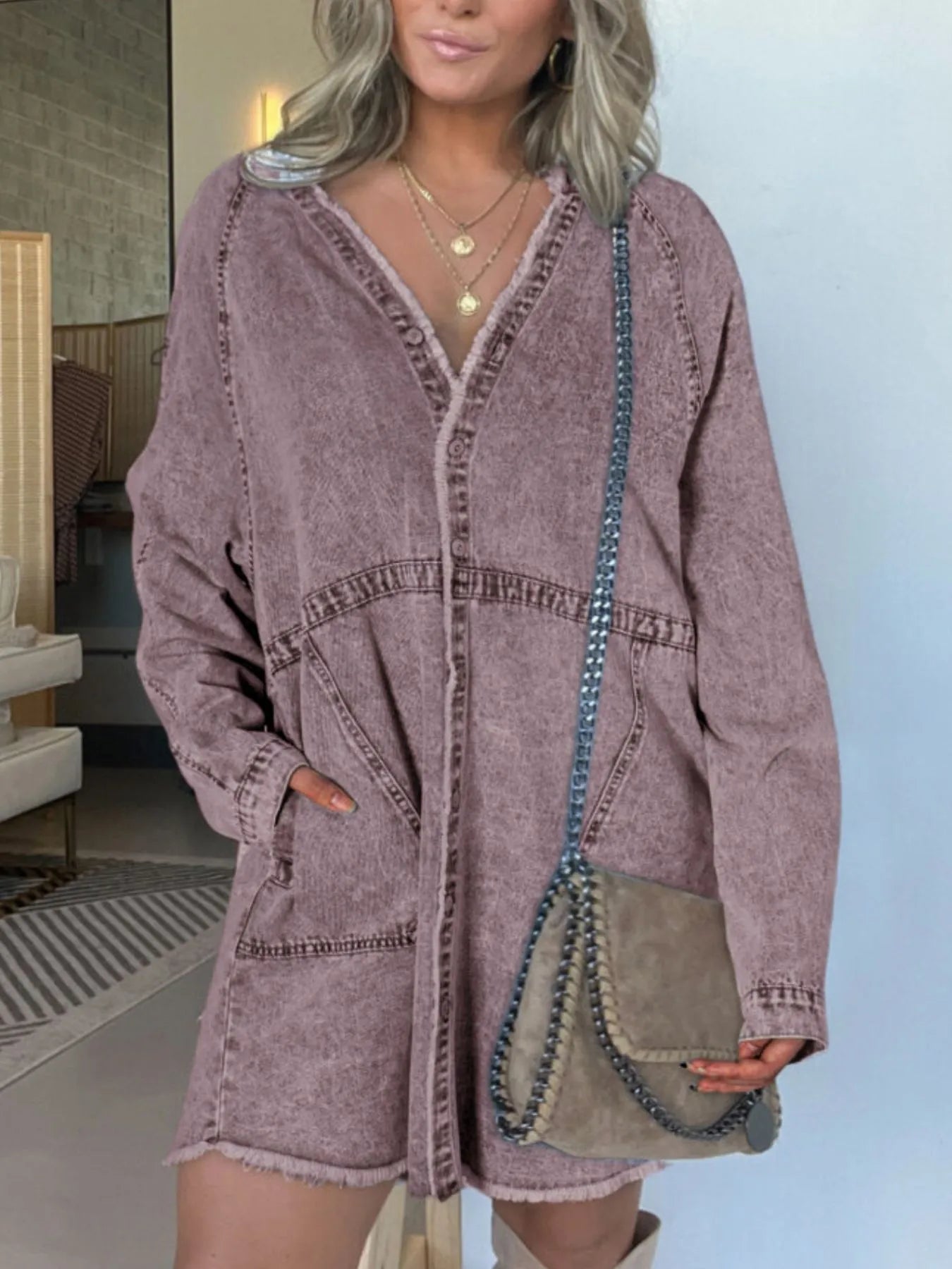 Full Size Button-Front Long Sleeve Denim Shirt Dress Plus Size Gray Purple OutfitFlow