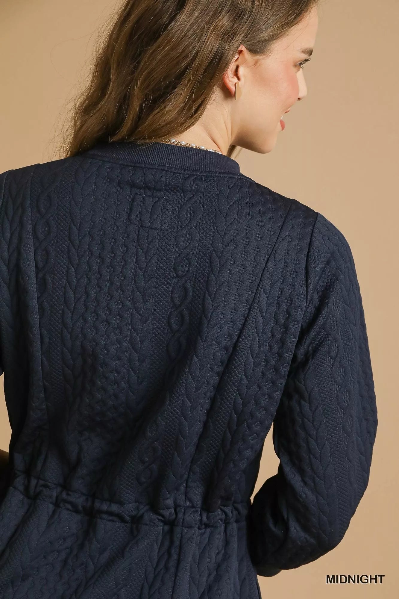 Umgee Drawstring Cable Knit Mini Dress with Pockets OutfitFlow