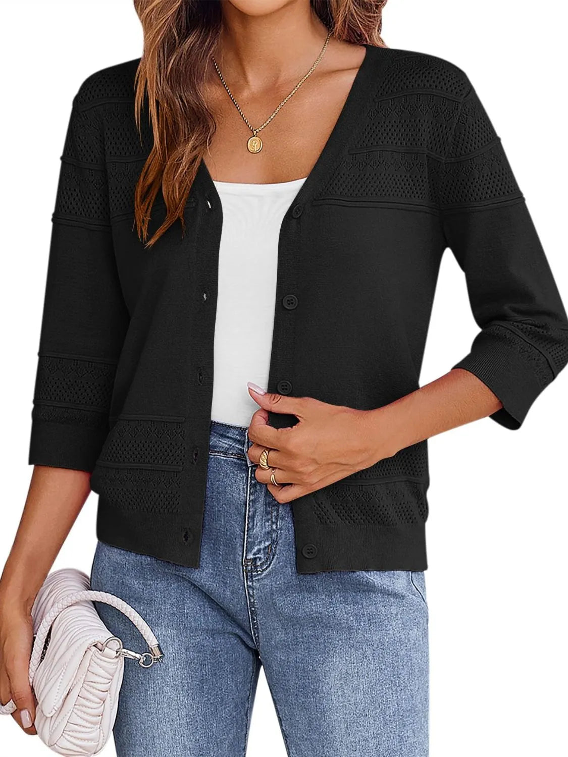 Button Up 3/4 Sleeve Cardigan OutfitFlow