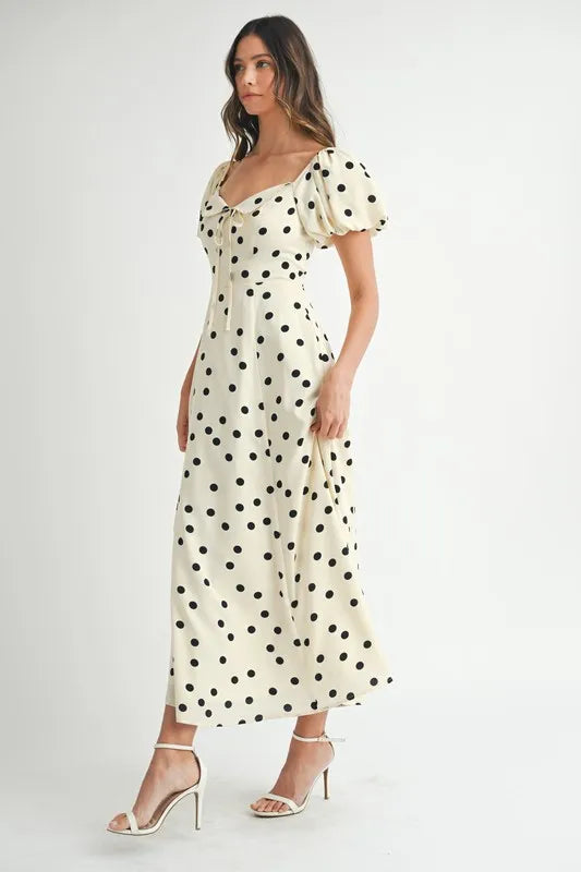 MABLE Polka Dot Puff Sleeve Midi Dress OutfitFlow