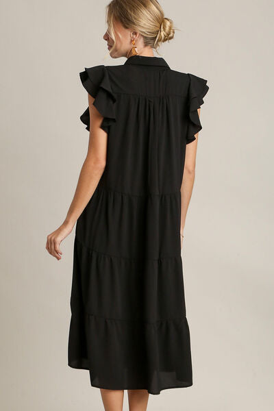 Umgee Full Size Johnny Collar Ruffle Cap Sleeve Tiered Dress Plus Size OutfitFlow