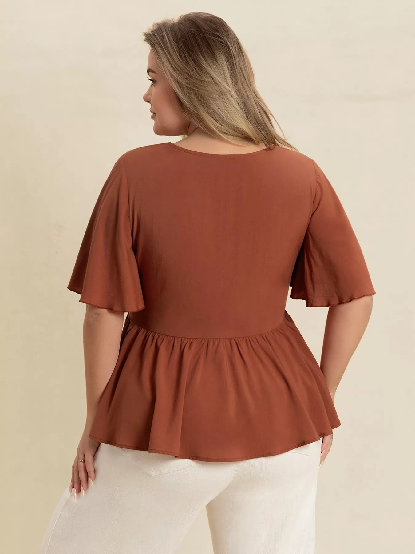Plus Size Embroidered V-Neck Flutter Sleeve Blouse OutfitFlow