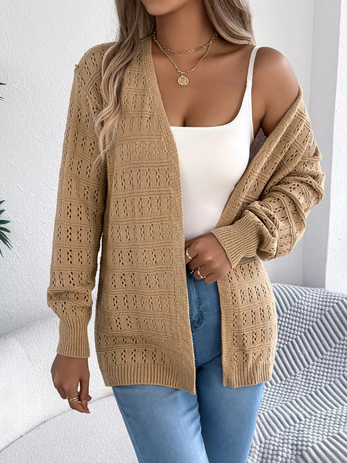 Open-Front Crochet Knit Cardigan OutfitFlow