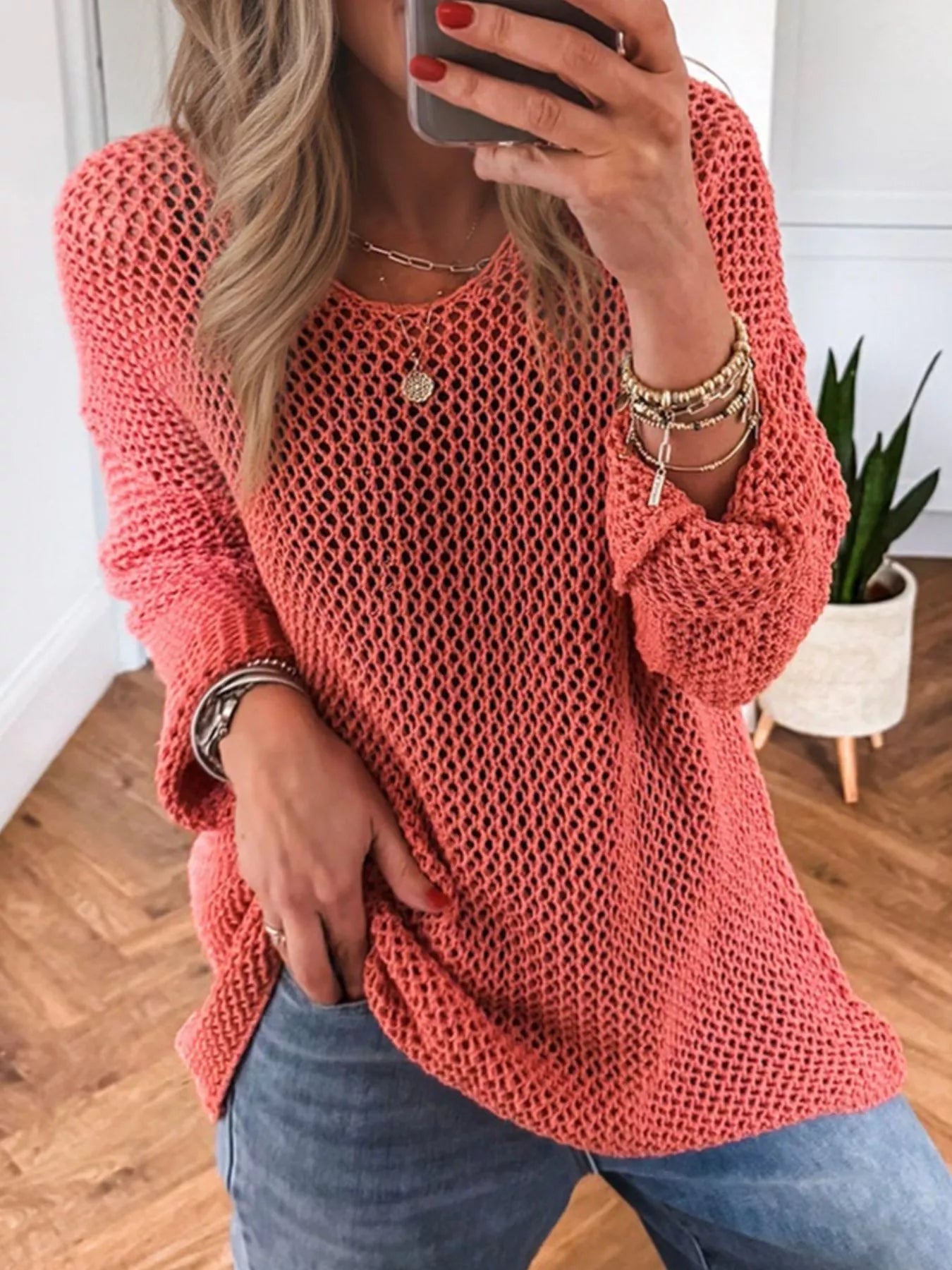 Crochet Hollow Out Long Sleeve Knit Top OutfitFlow