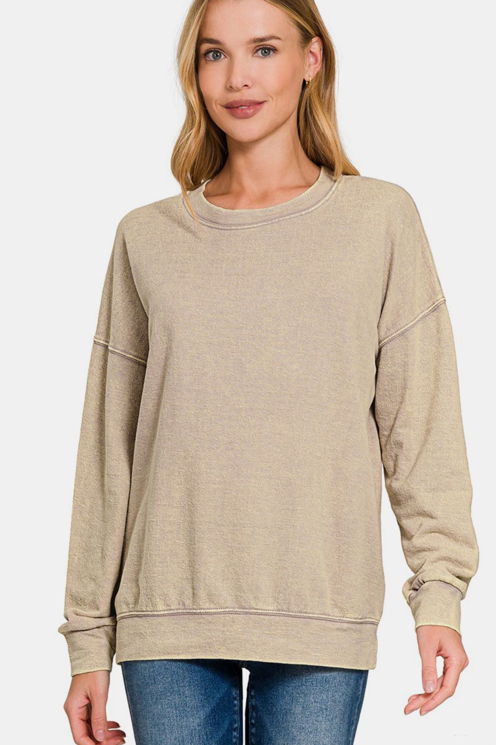 Outfit Flow -  Zenana Washed Round Neck Dropped Shoulder Sweatshirt