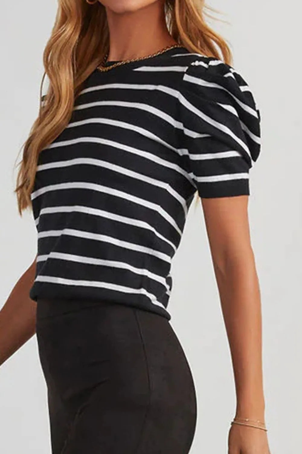 Stripe Ribbed Trim Round Neck Bubble Sleeve Knitted Top OutfitFlow