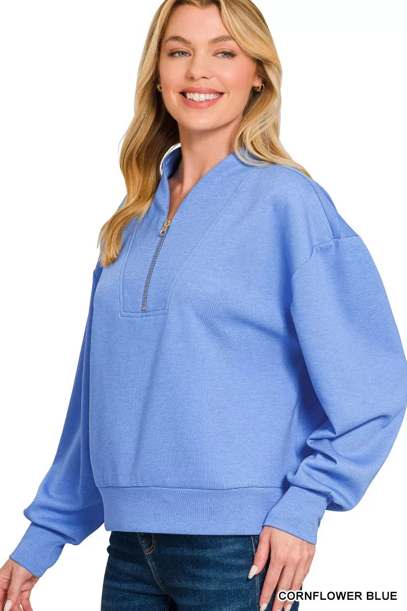Zenana Scuba Half Zip Drop Shoulder Sweatshirt CORNFLOWER BLUE Trendsi