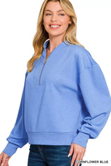 Zenana Scuba Half Zip Drop Shoulder Sweatshirt CORNFLOWER BLUE Trendsi