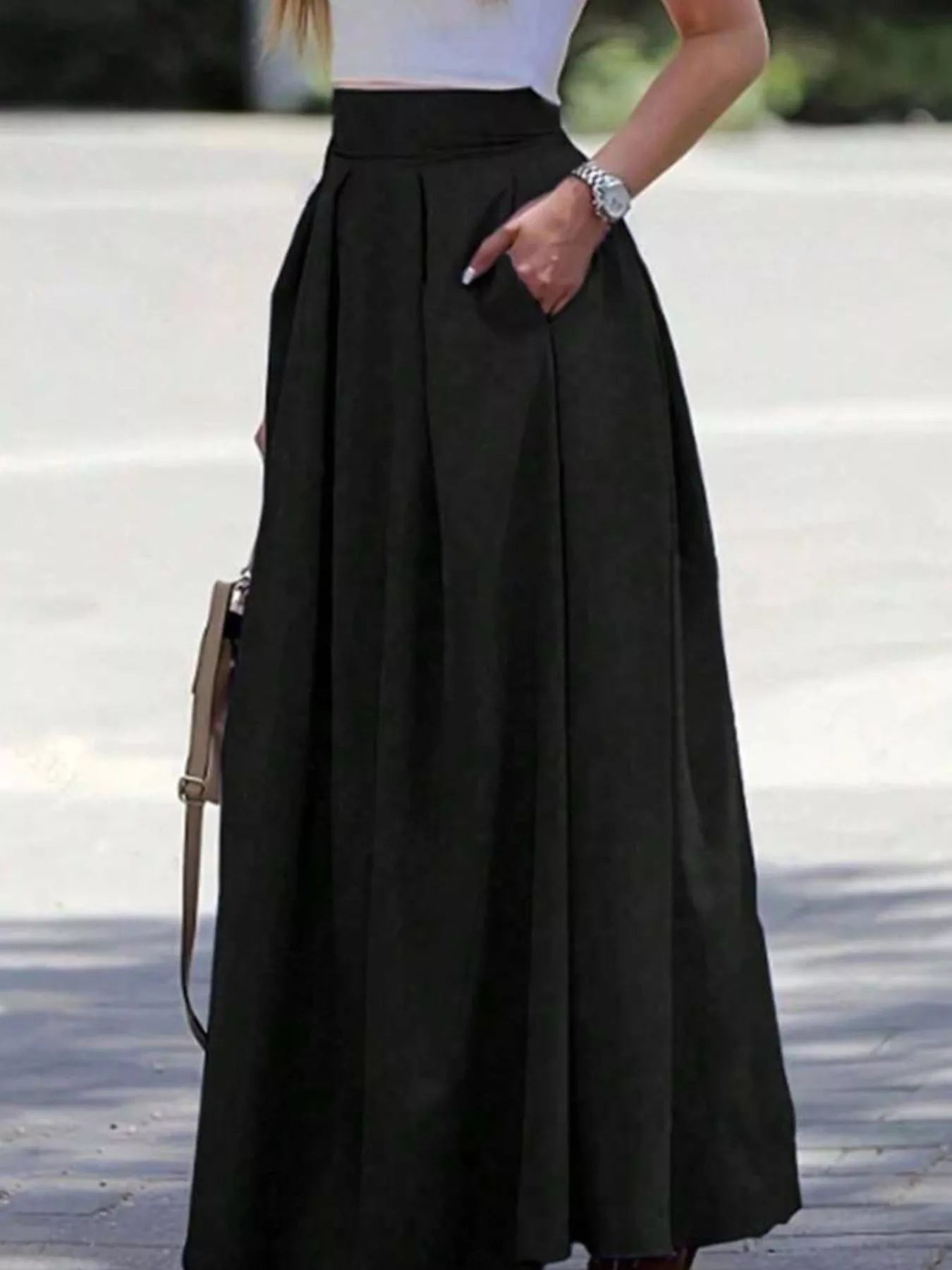 Elastic Waist Pleated Detail Skirt OutfitFlow