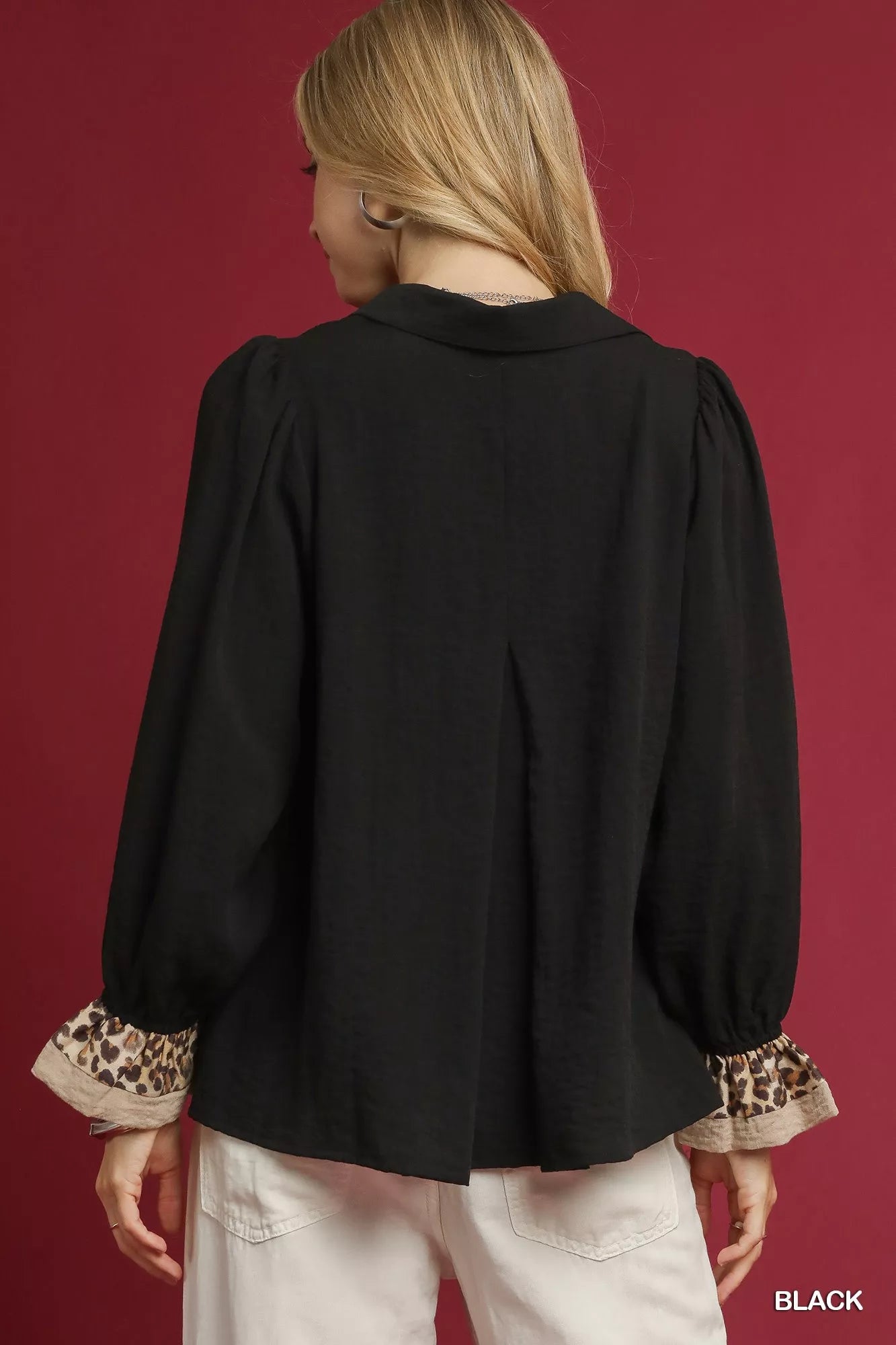 Umgee Half Button Blouse with Leopard Print Trim OutfitFlow