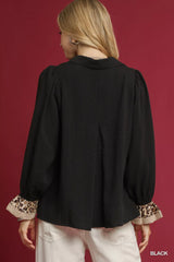 Umgee Half Button Blouse with Leopard Print Trim OutfitFlow