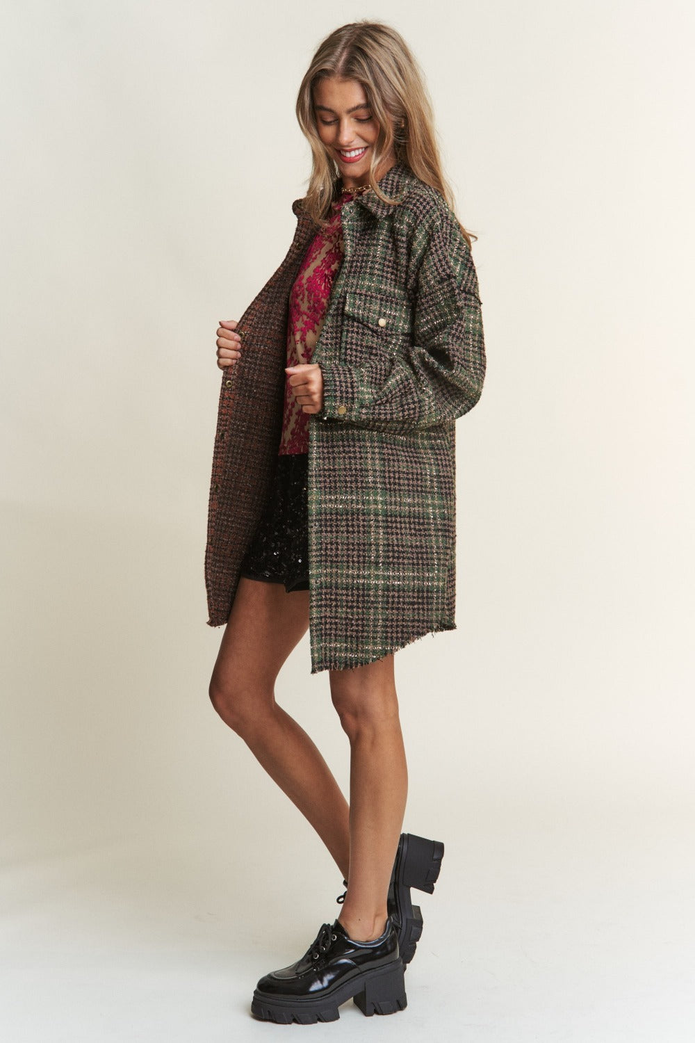 J.NNA Snap Down Tweed Plaid Contrast Longline Jacket