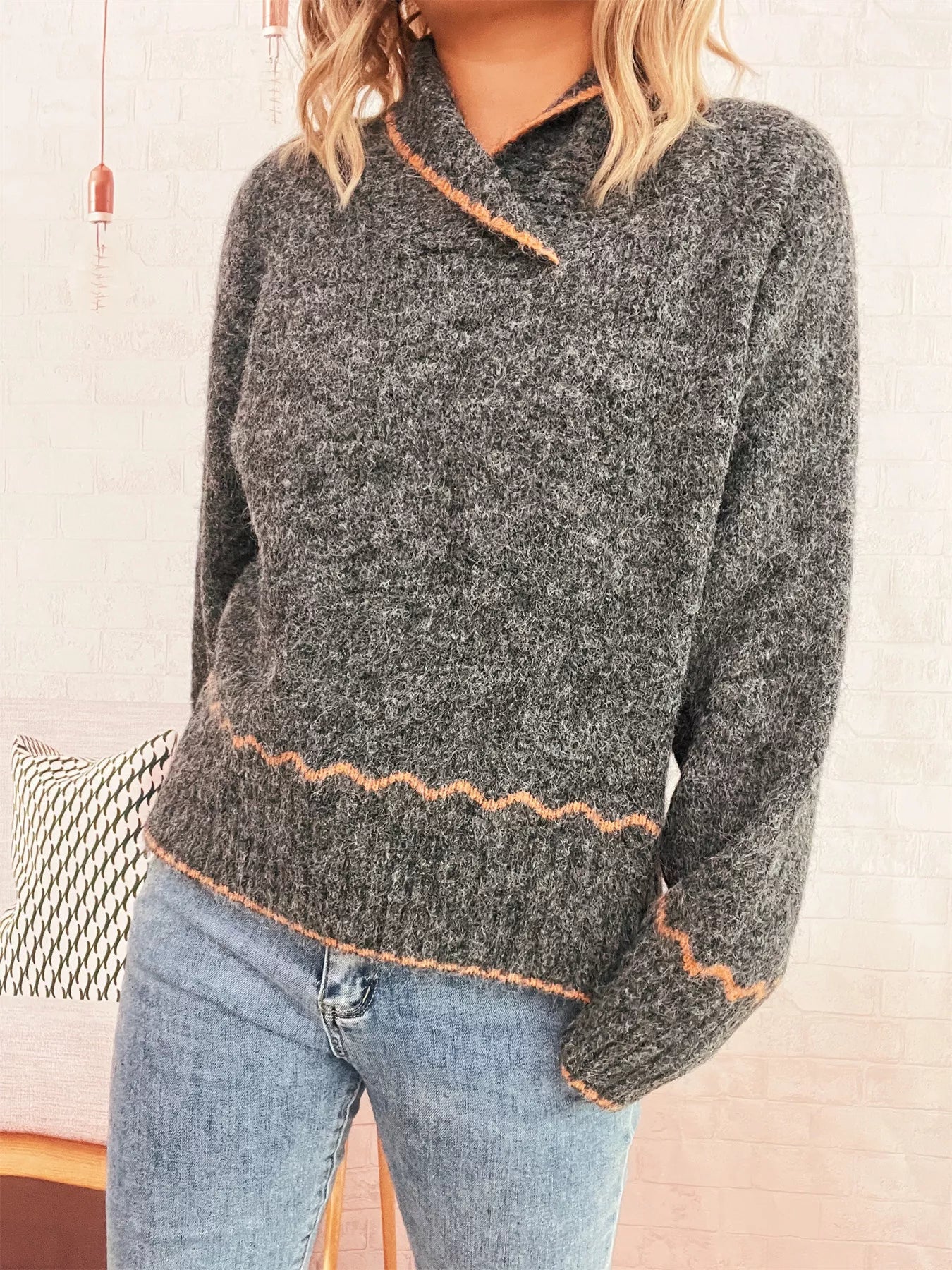 Ribbed Contrast Trim Long Sleeve Sweater OutfitFlow