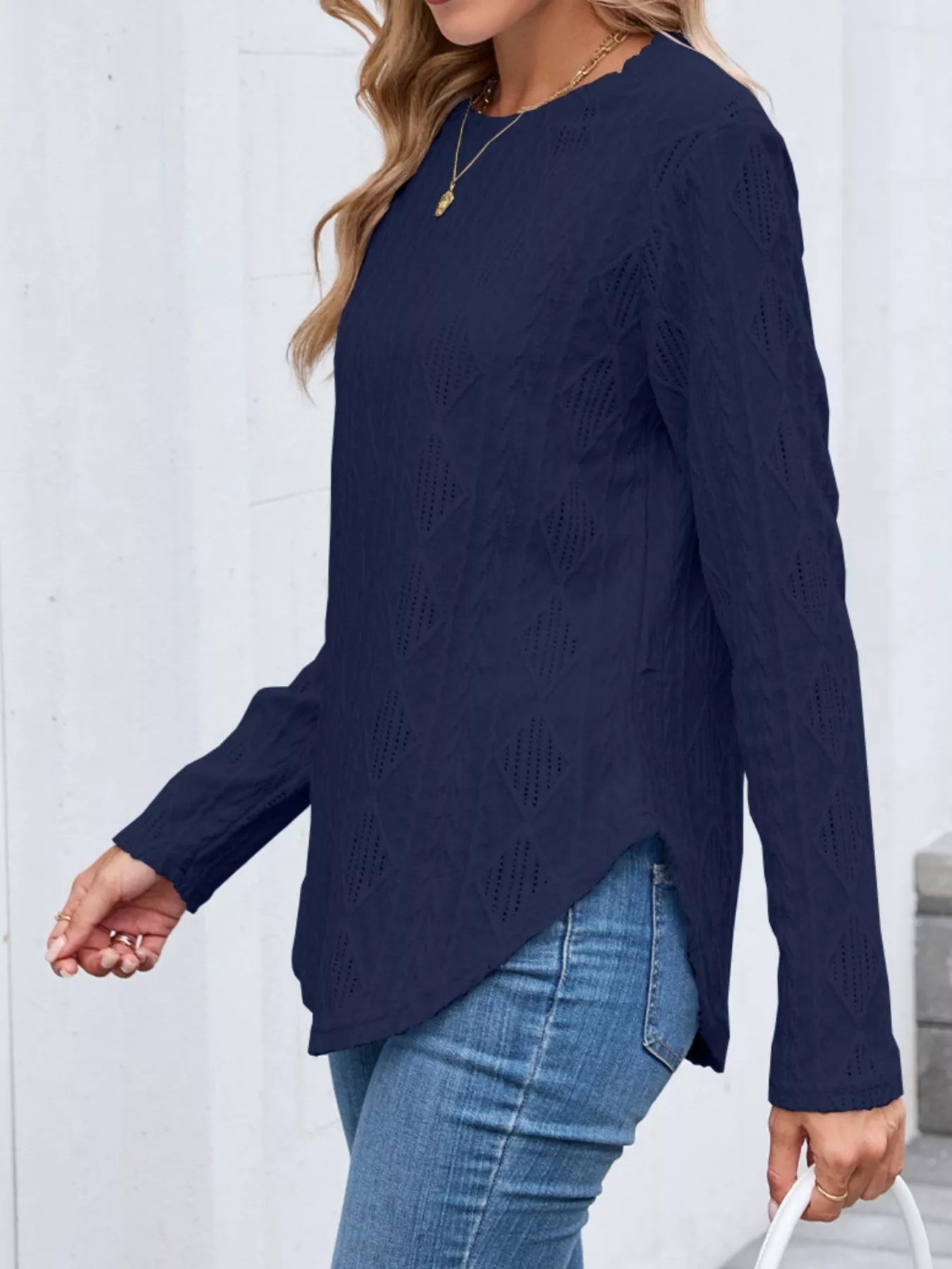 Diamond Pattern Knit Long Sleeve T-Shirt Trendsi