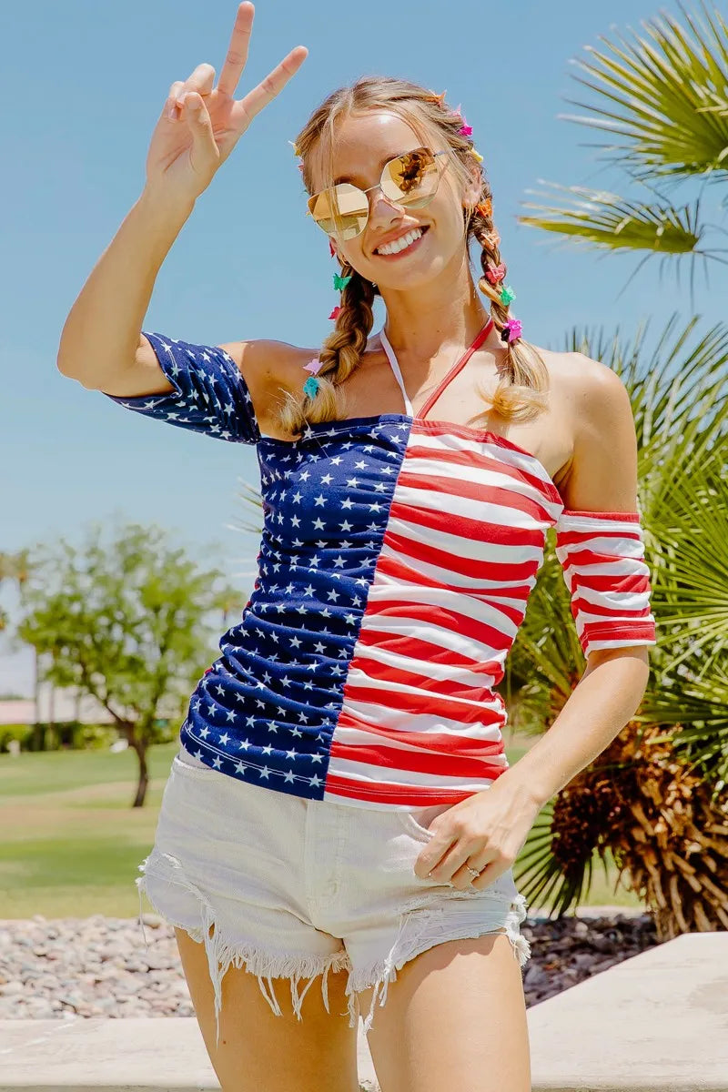 BiBi American Flag Off Shoulder With Front Ruched Top OutfitFlow