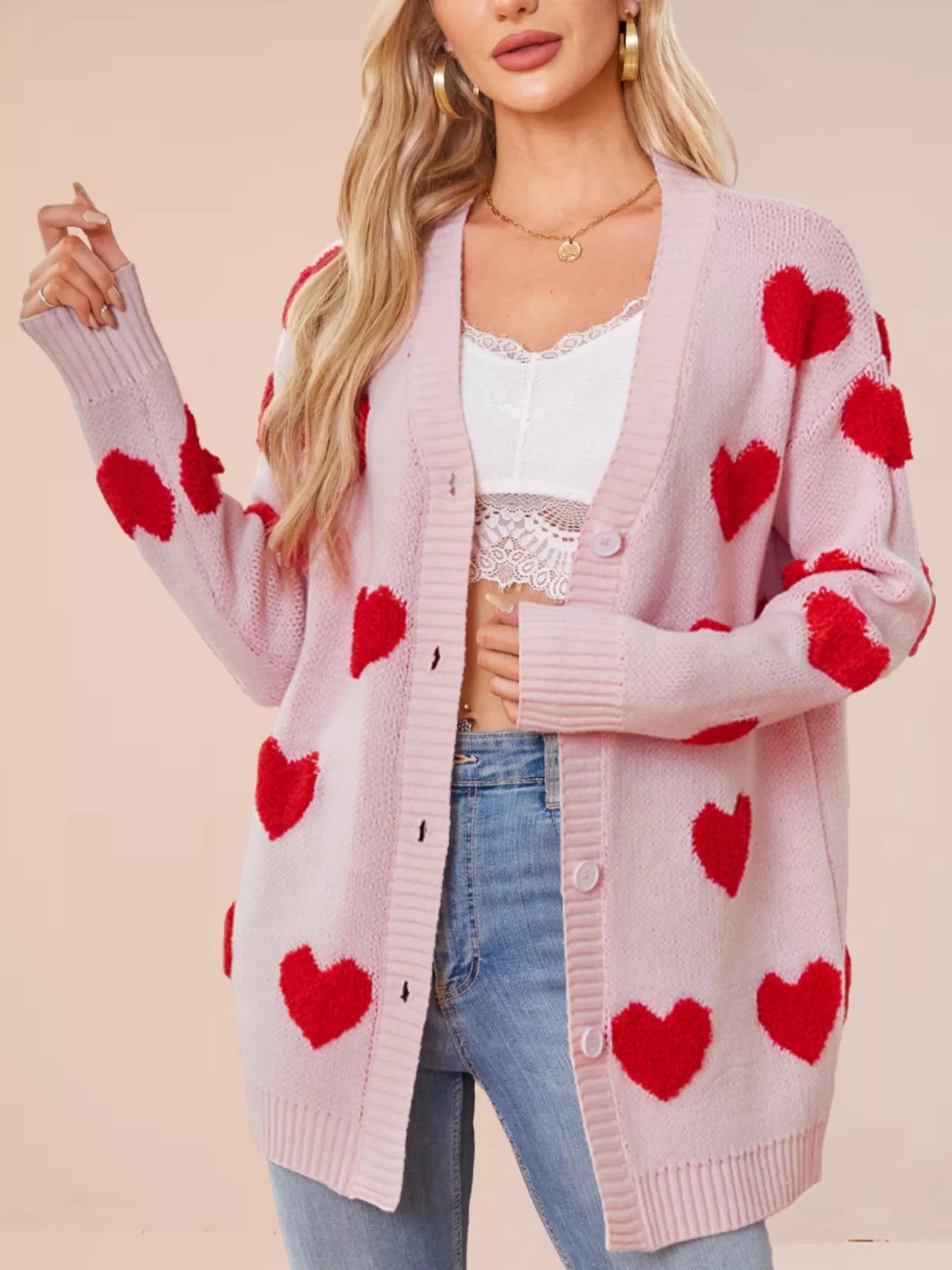 Heart Pattern Knit Button-Up Cardigan Pink OutfitFlow