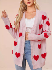 Heart Pattern Knit Button-Up Cardigan Pink OutfitFlow