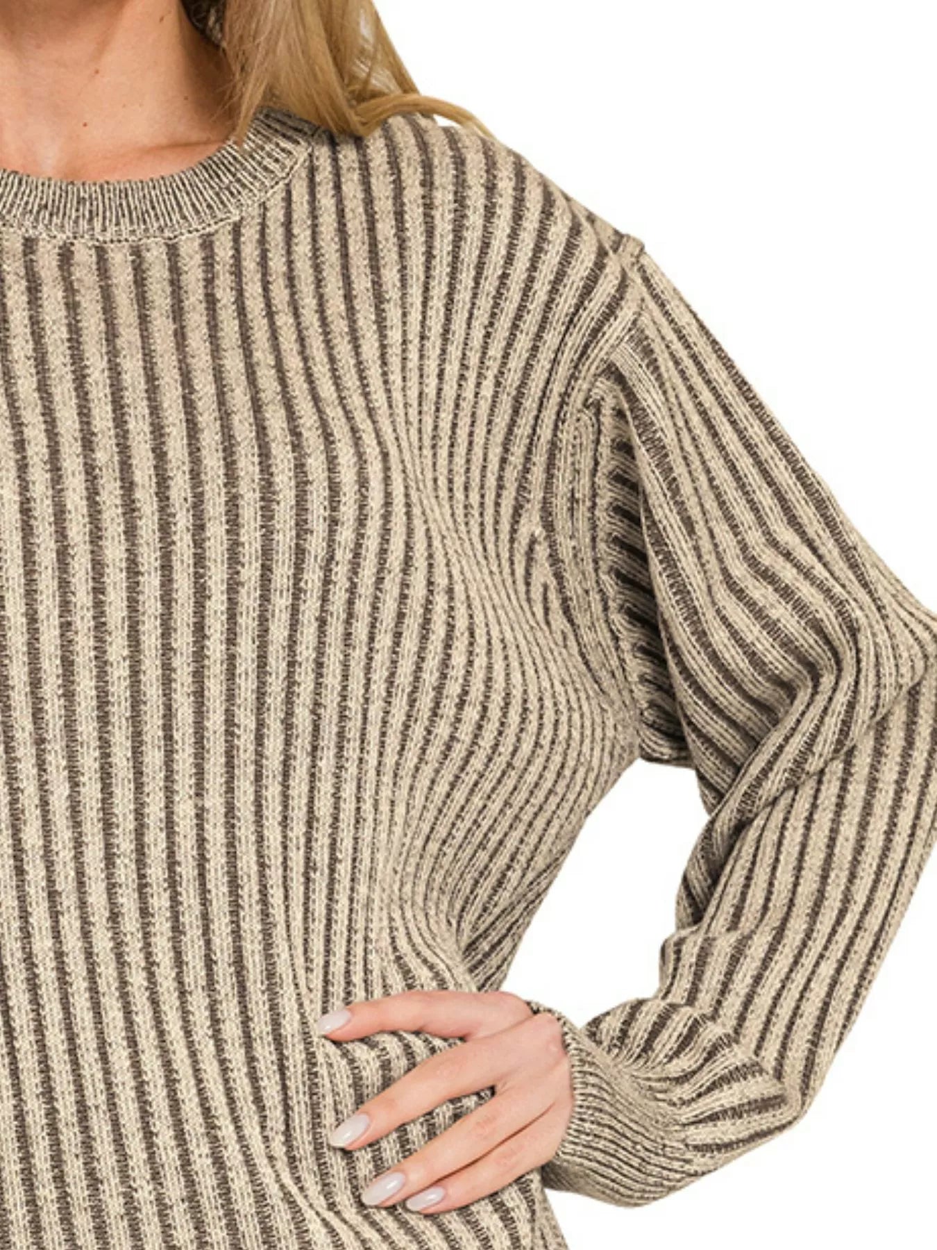 Zenana Curved Hem Two-Tone Ribbed Sweater OutfitFlow