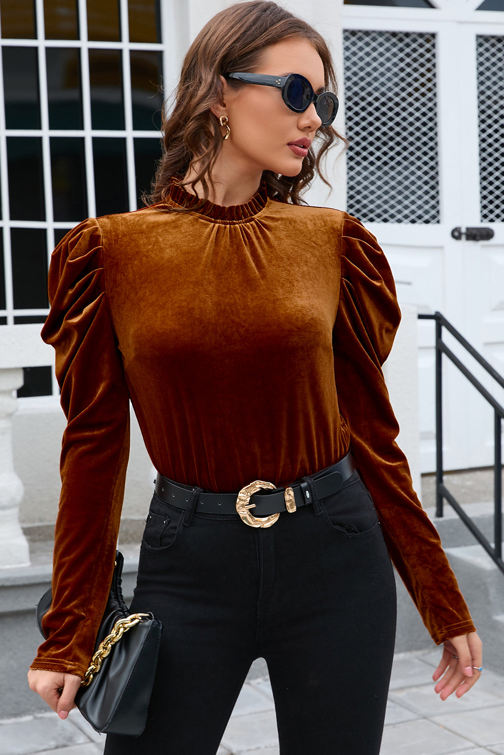 Frill Mock Neck Puff Sleeve Blouse OutfitFlow
