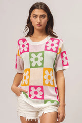 BiBi Flower Checker Pattern Lightweight Sweater Top OutfitFlow