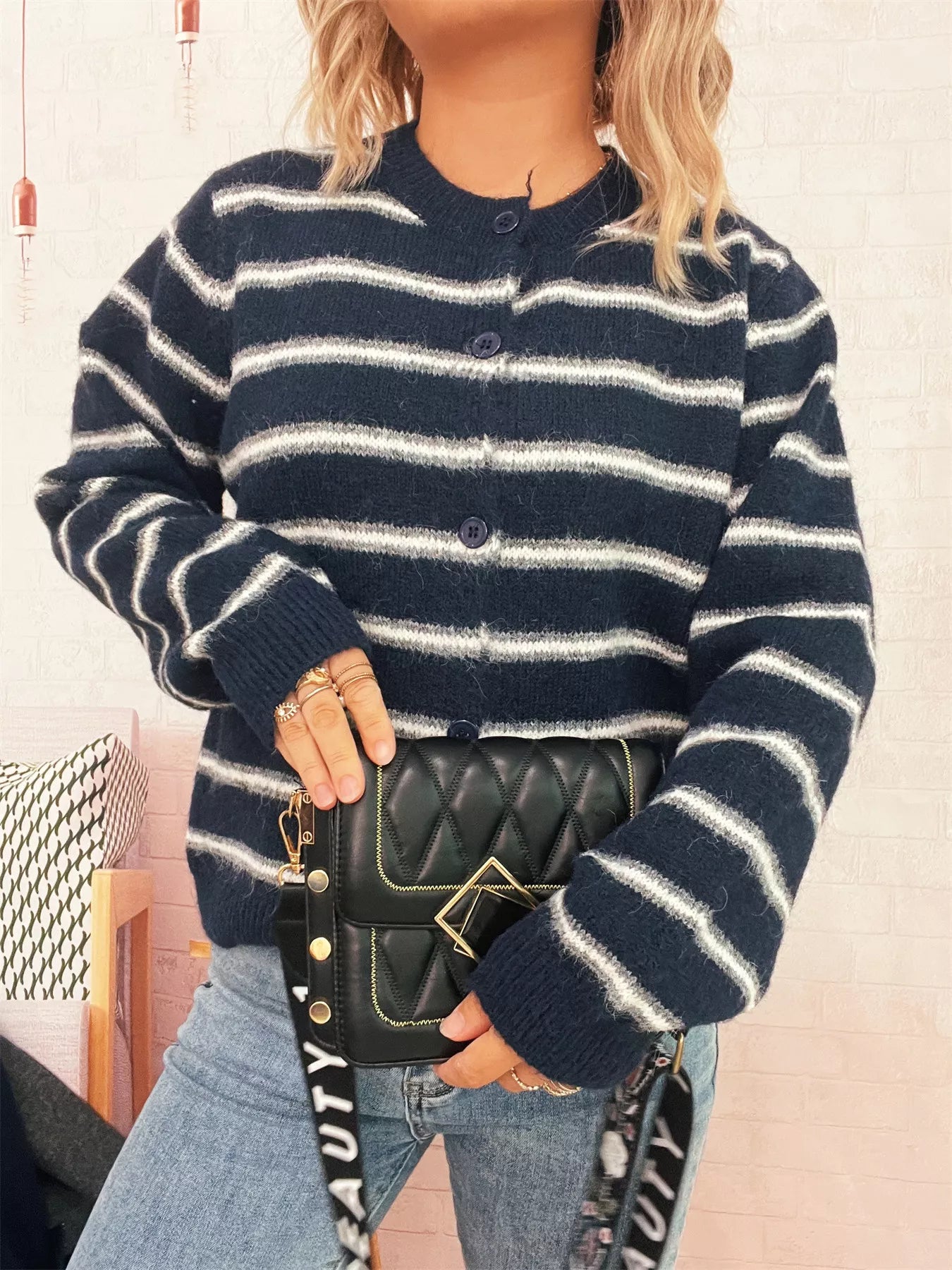 Striped Button-Up Long Sleeve Cardigan OutfitFlow