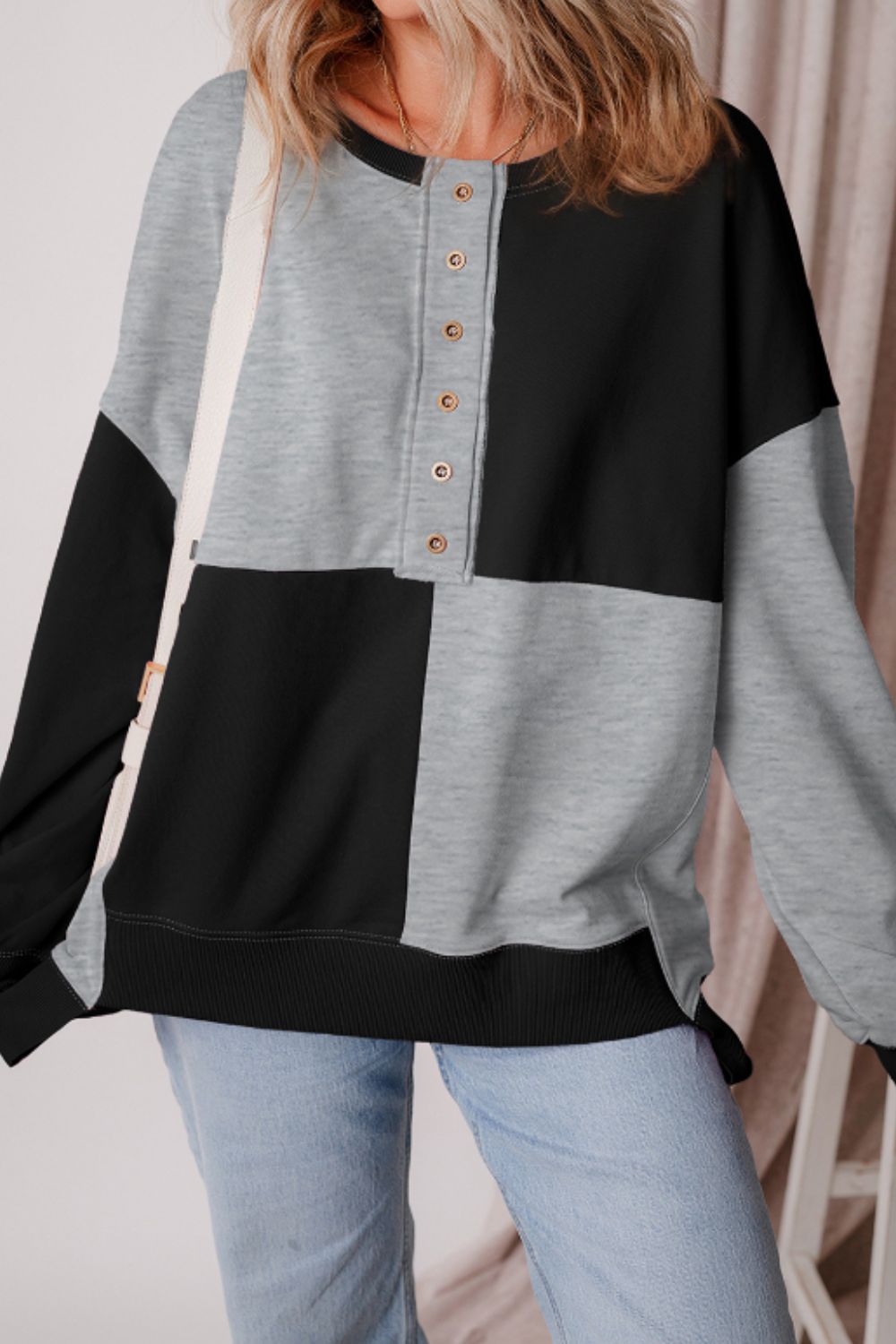 Outfit Flow - Color Block Half Button Long Sleeve Sweatshirt