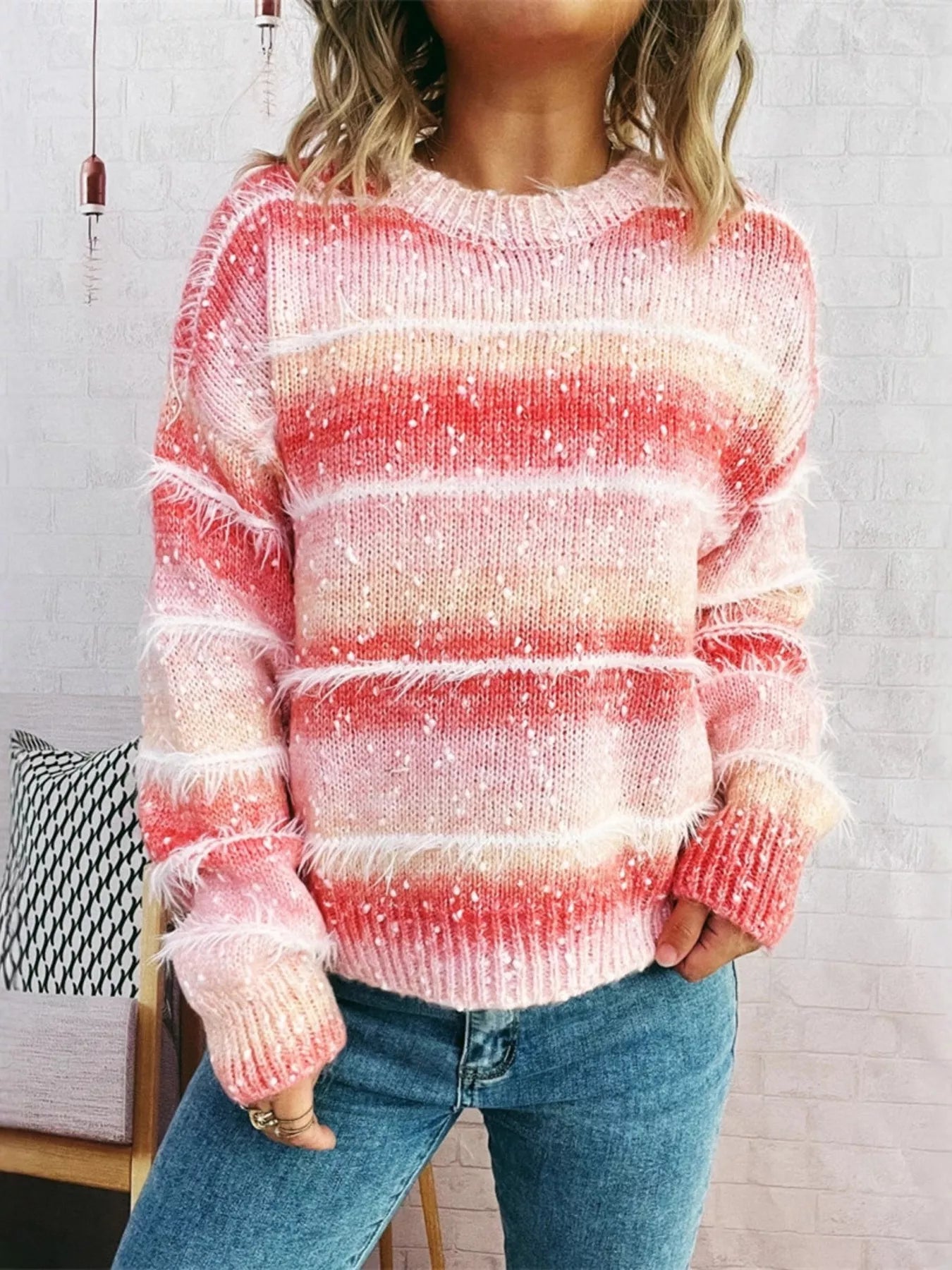Gradient Striped Round Neck Sweater Pink One Size OutfitFlow