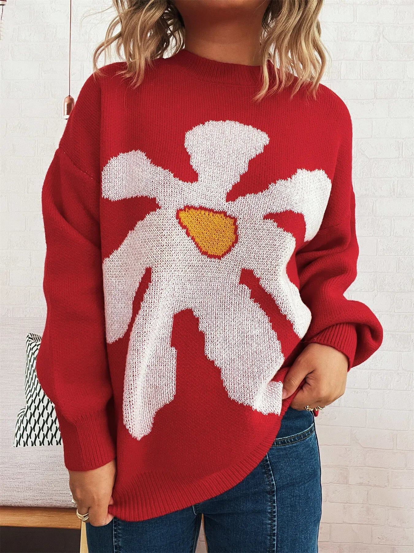 Flower Dropped Shoulder Sweater Red One Size Trendsi