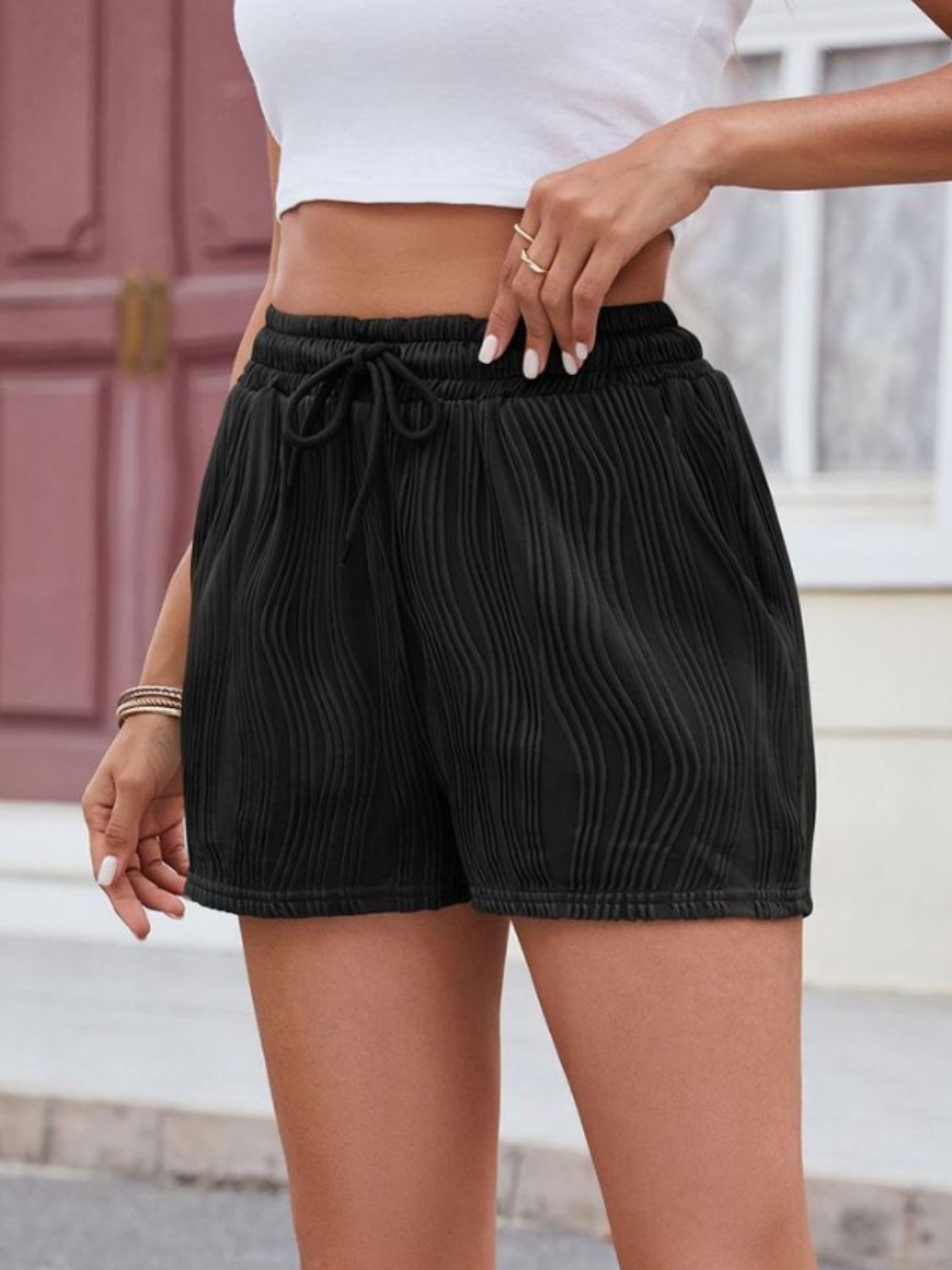 Florira Texture Drawstring Shorts OutfitFlow