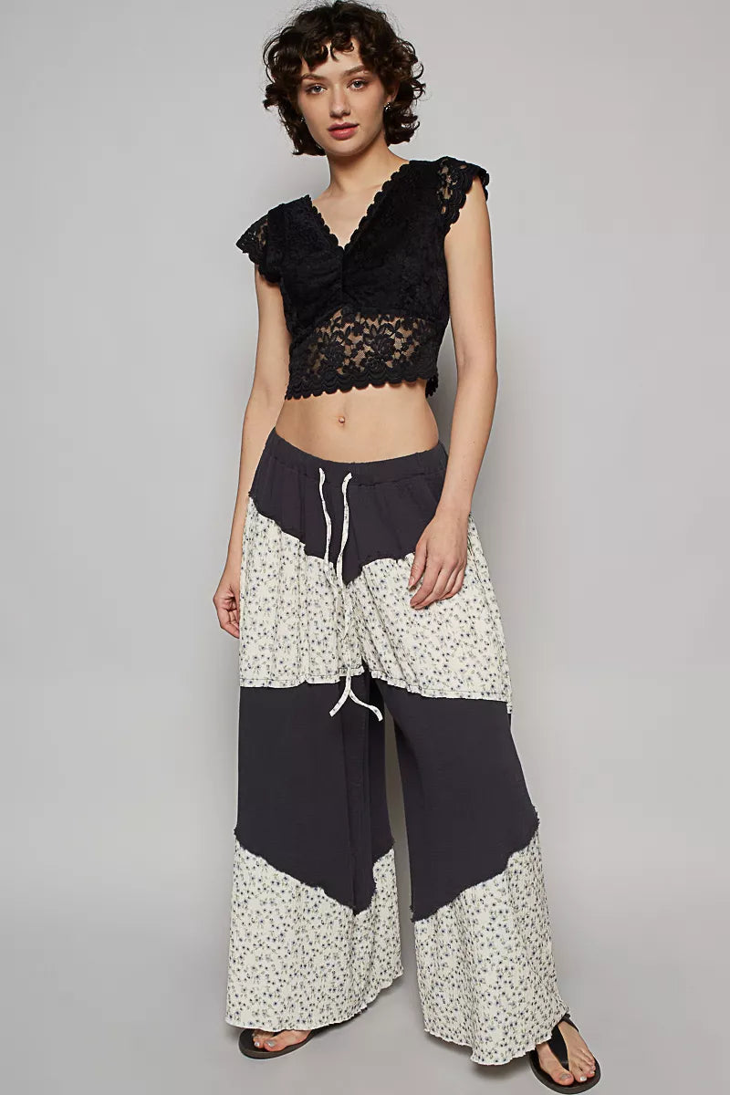 POL Contrast Floral Drawstring Wide Leg Pants OutfitFlow