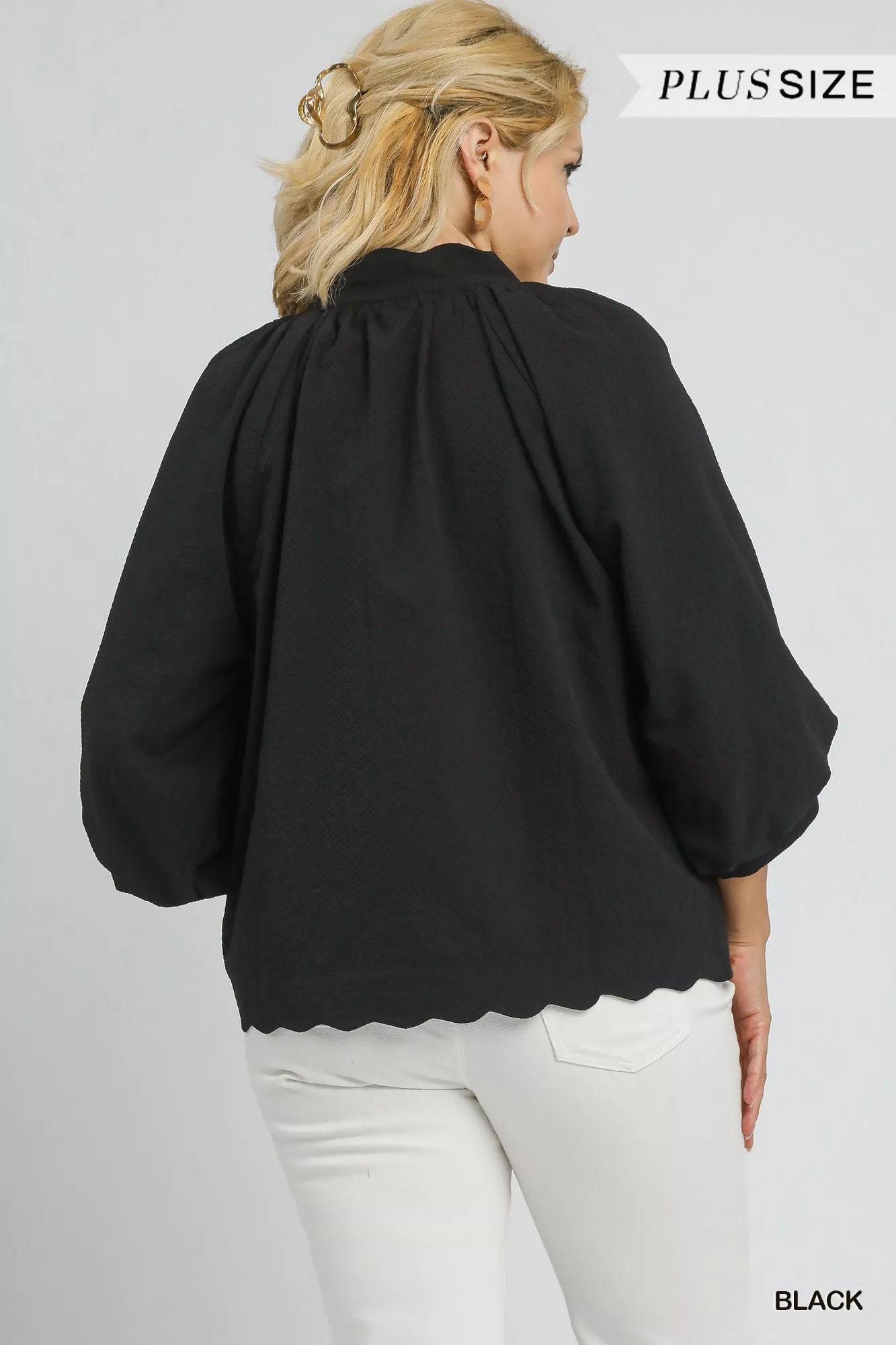 Umgee Full Size Textured Notched Balloon Sleeve Blouse Plus Size OutfitFlow