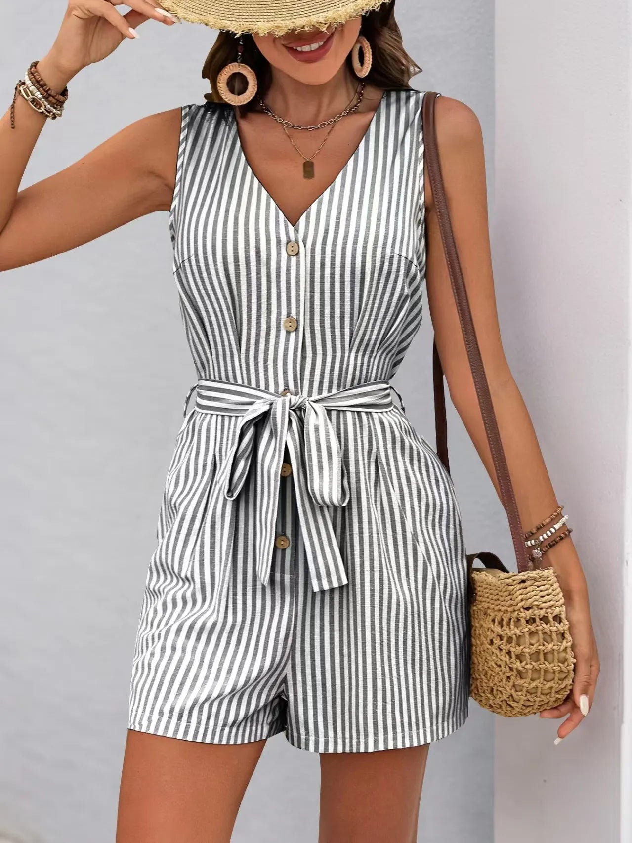 Striped V-neck Button Front Belted Romper OutfitFlow