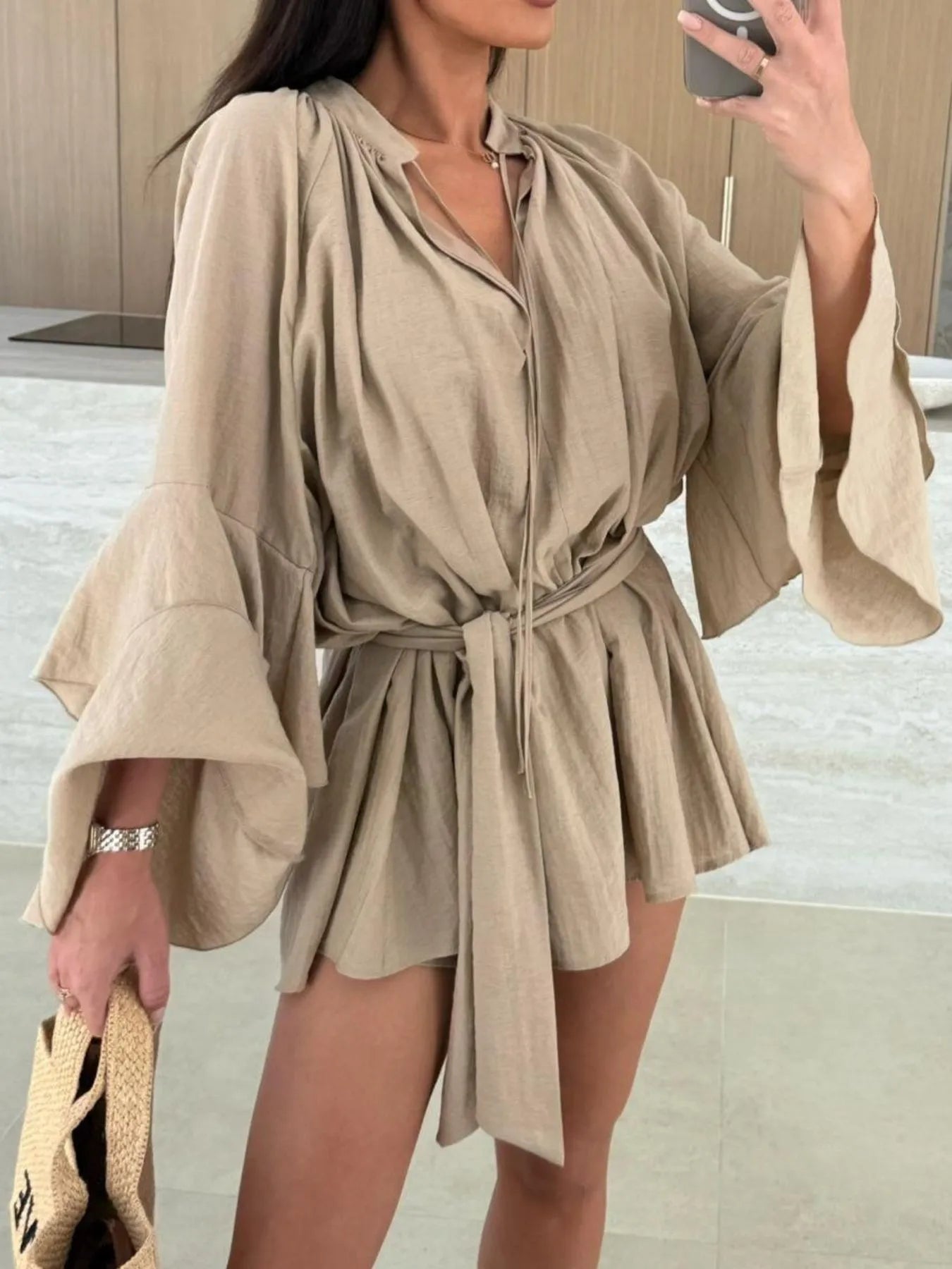 Bell Sleeve Tie Waist Mini Shirt Dress Khaki OutfitFlow
