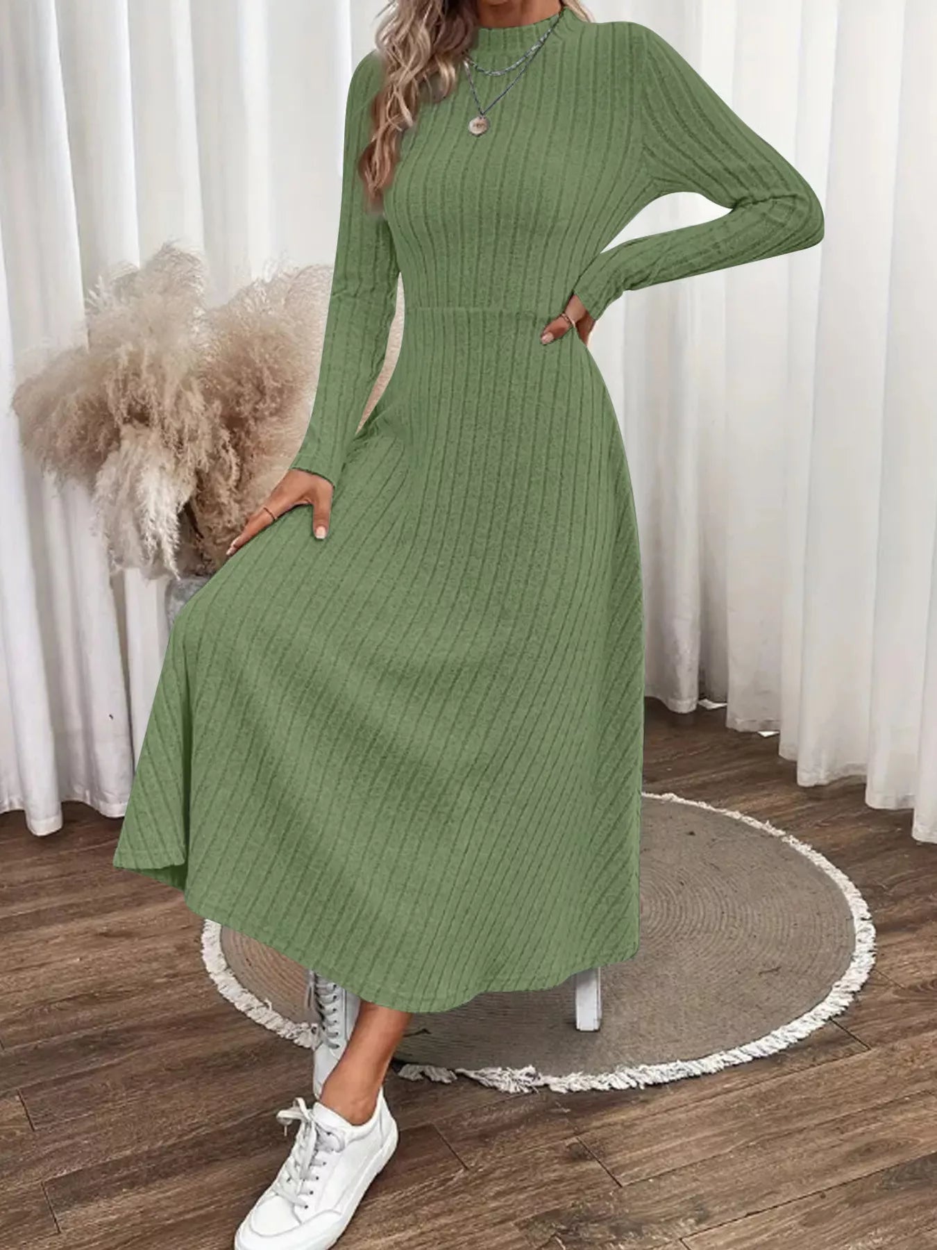 Ribbed Knit A-Line Midi Dress Army Green Trendsi