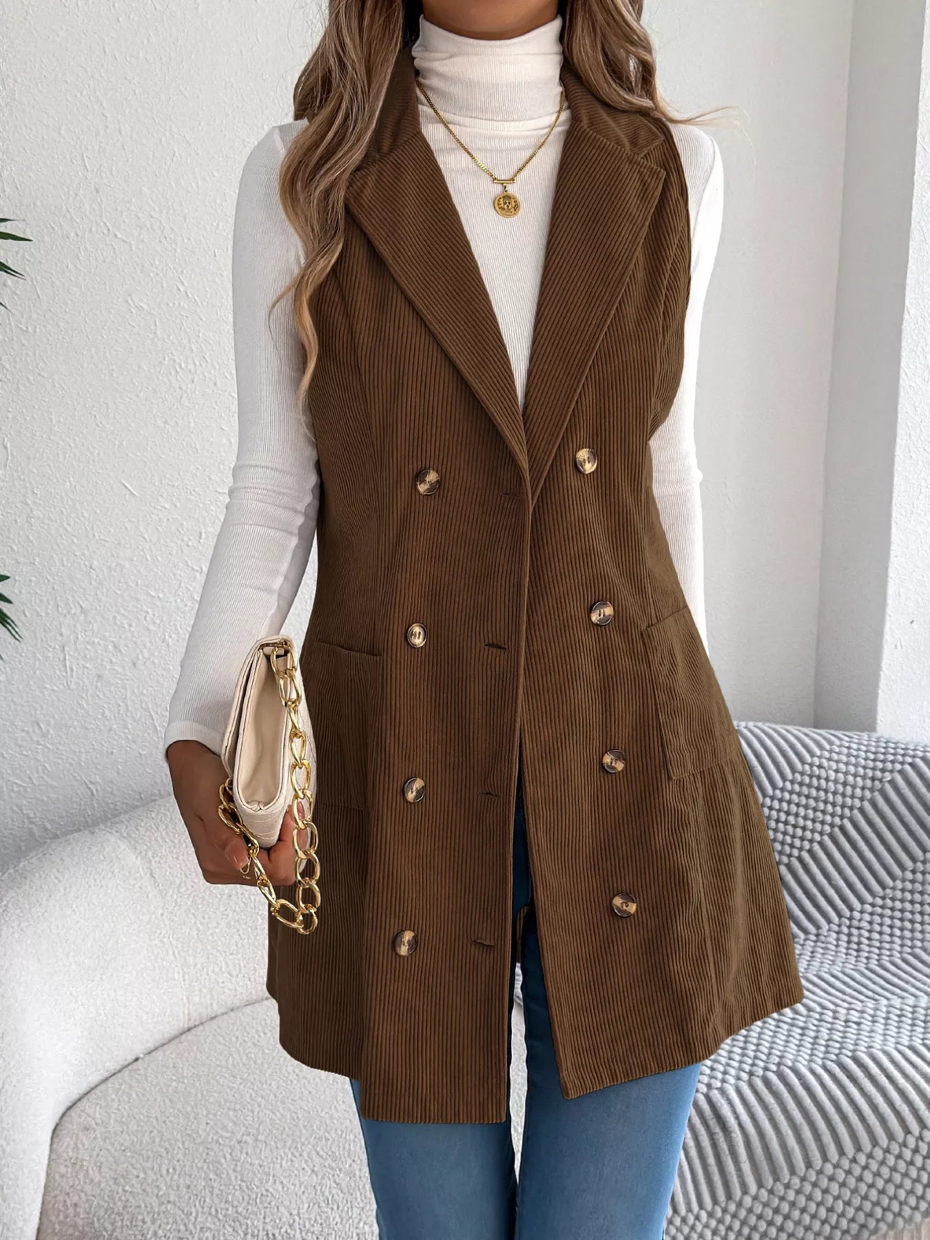 Double-Breasted Long Vest Coat Trendsi