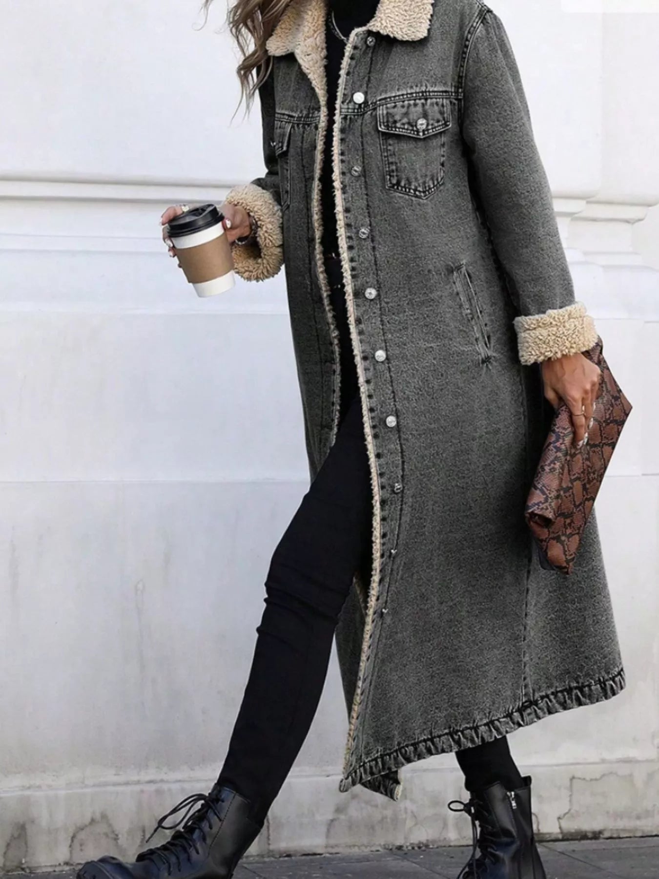 Sherpa Lined Longline Denim Jacket Dark Gray OutfitFlow