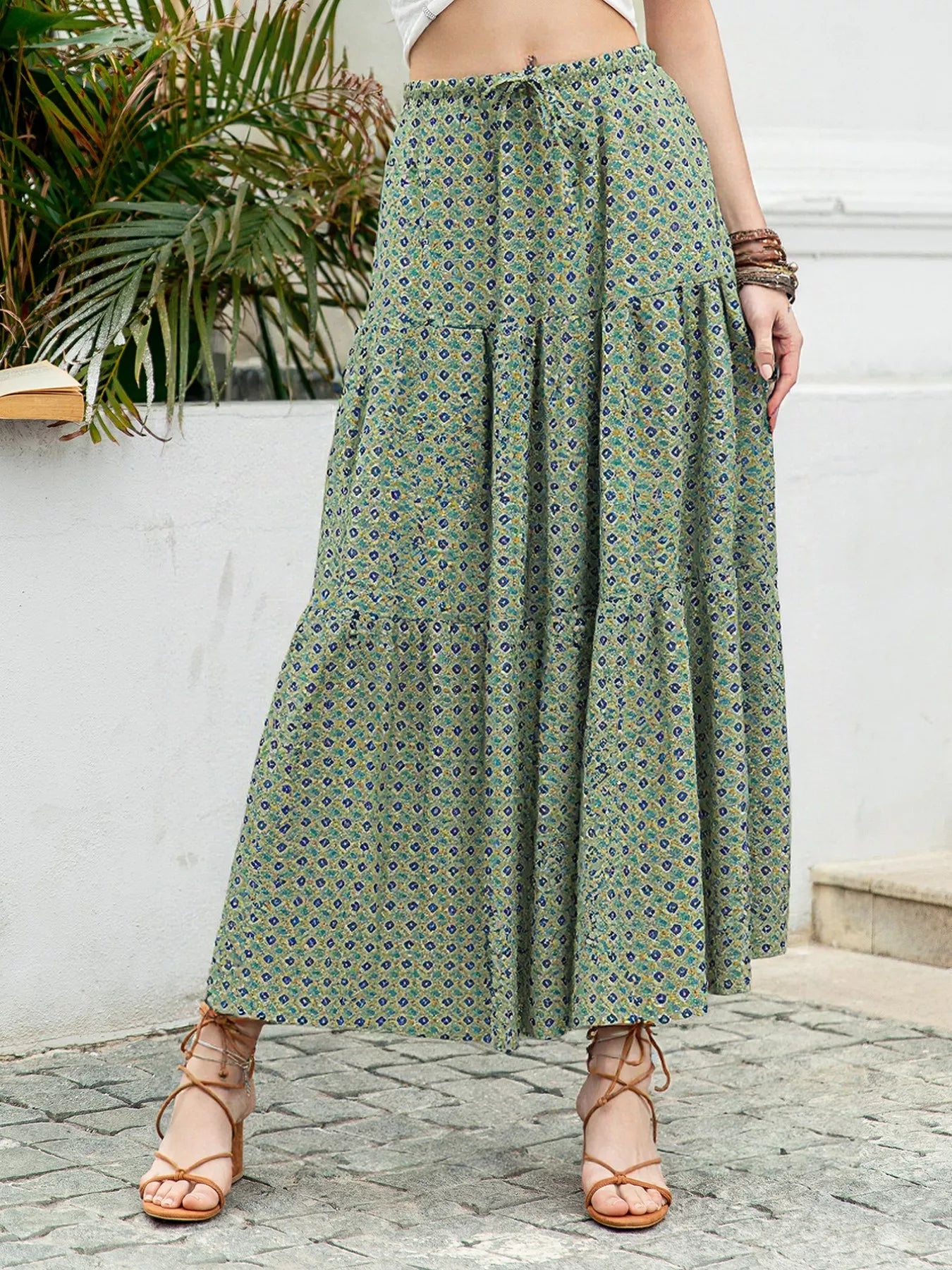 Boho Print Tiered Maxi Skirt OutfitFlow