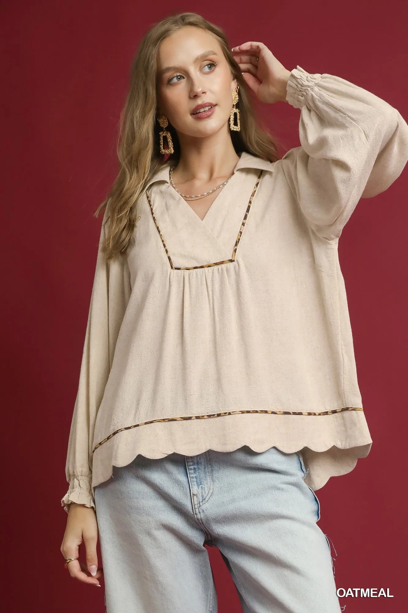 Umgee Full Size Linen Scallop Hem Blouse with Contrast Trim Plus Size OATMEAL Trendsi