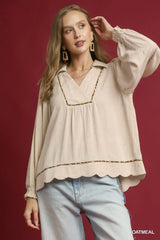 Umgee Full Size Linen Scallop Hem Blouse with Contrast Trim Plus Size OATMEAL Trendsi