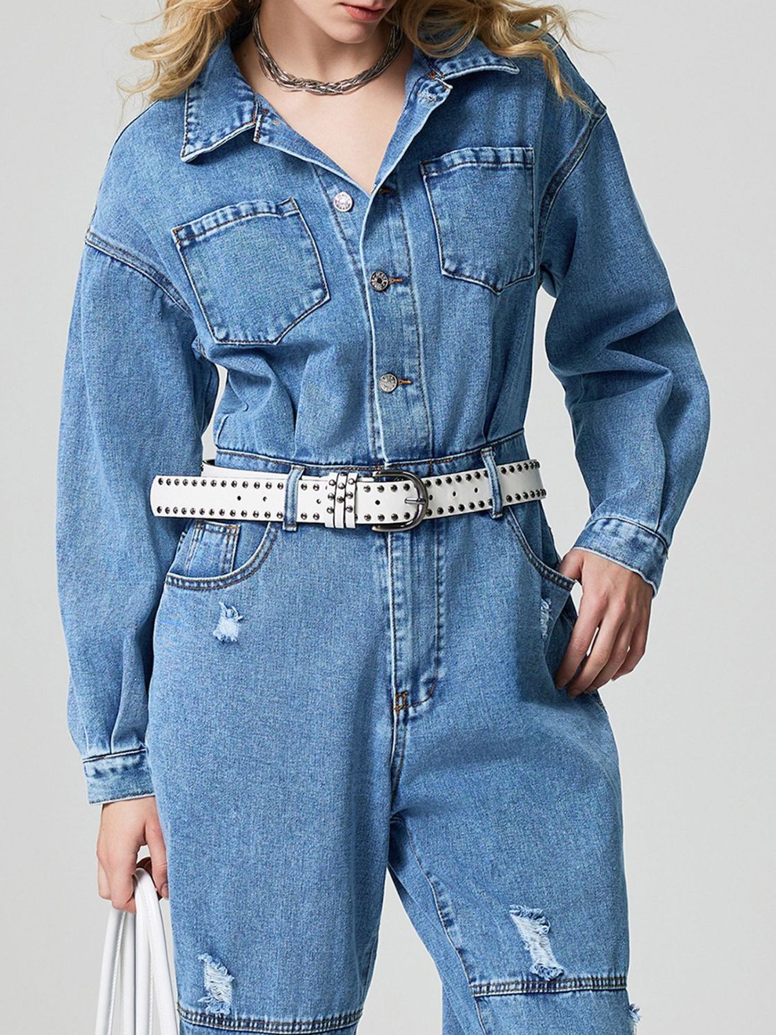 Distressed Button Down Drop Shoulder Denim Jumpsuit