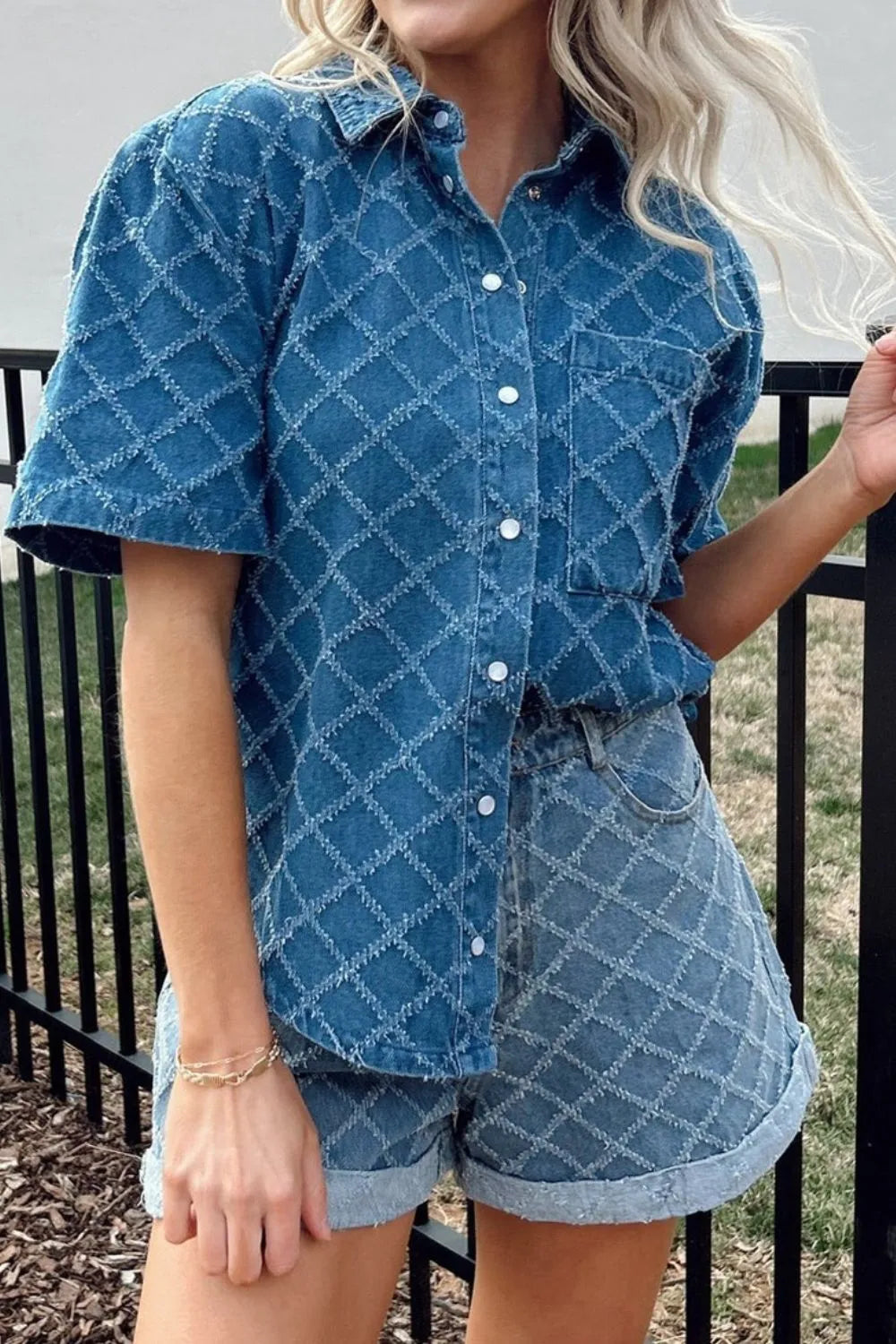 Pocketed Collared Neck Short Sleeve Denim Shirt OutfitFlow