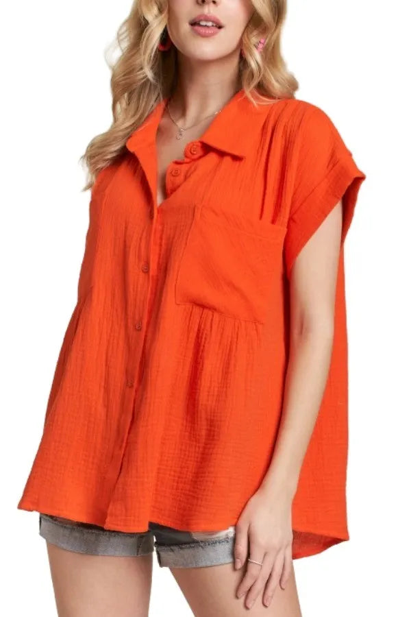 ADORA Button Down Solid Shirt W Pockets ORANGE OutfitFlow