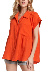 ADORA Button Down Solid Shirt W Pockets ORANGE OutfitFlow