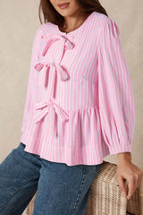 Outfit Flow - Tied Bow Striped Round Neck Blouse