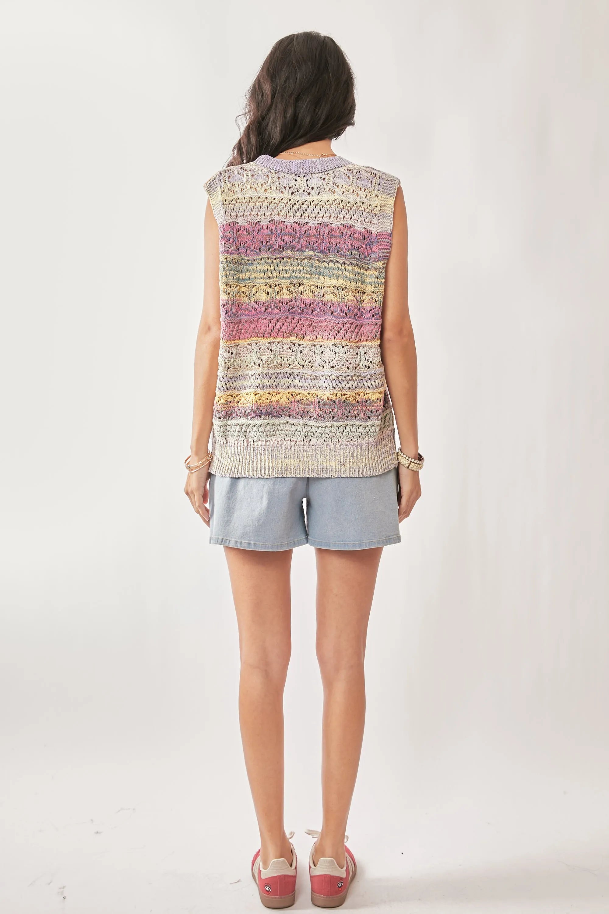 Davi & Dani Multi Color Crochet Sleeveless Knit Vest Top OutfitFlow