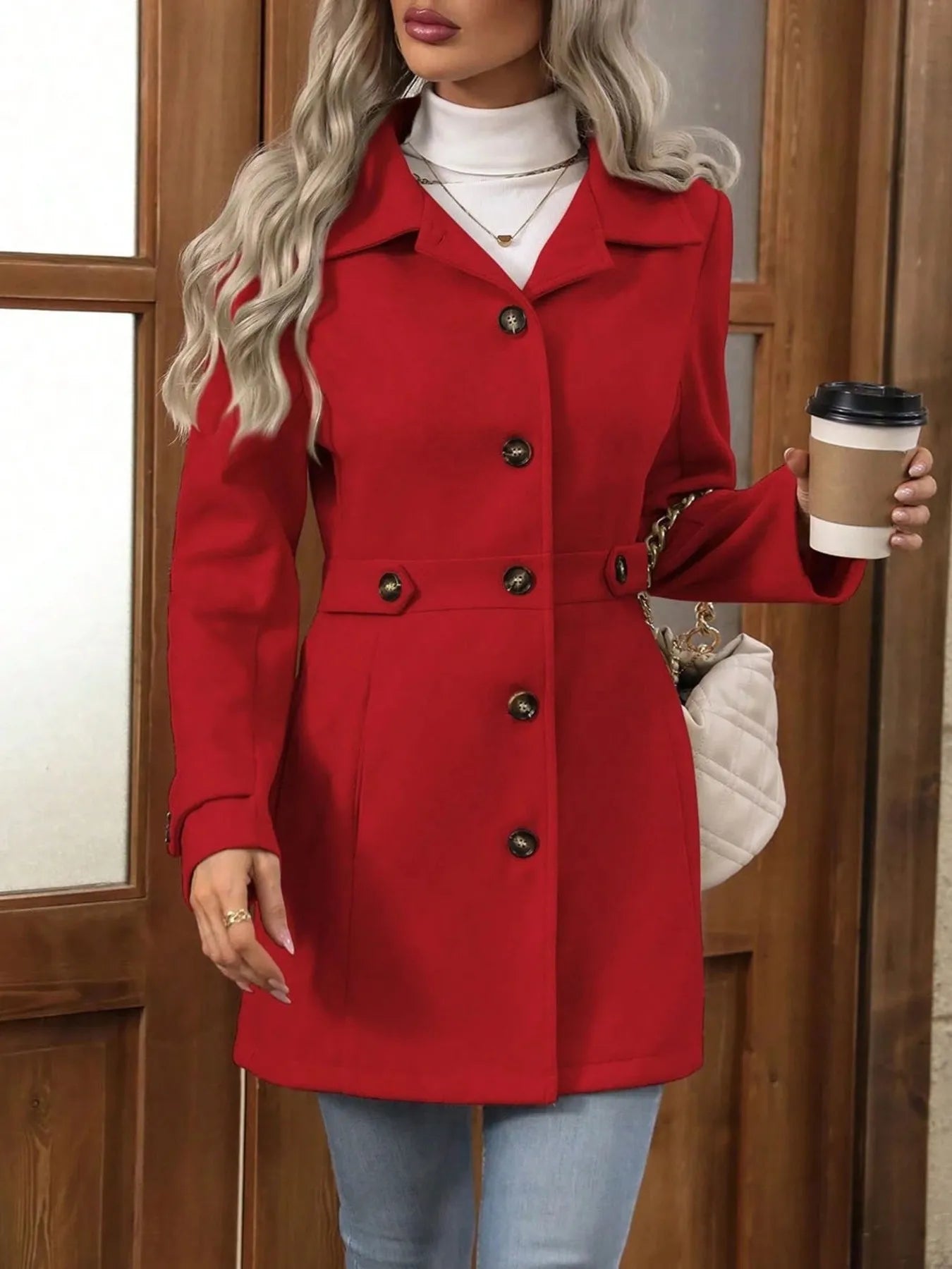 Button Up Long Sleeve Coat Red Trendsi